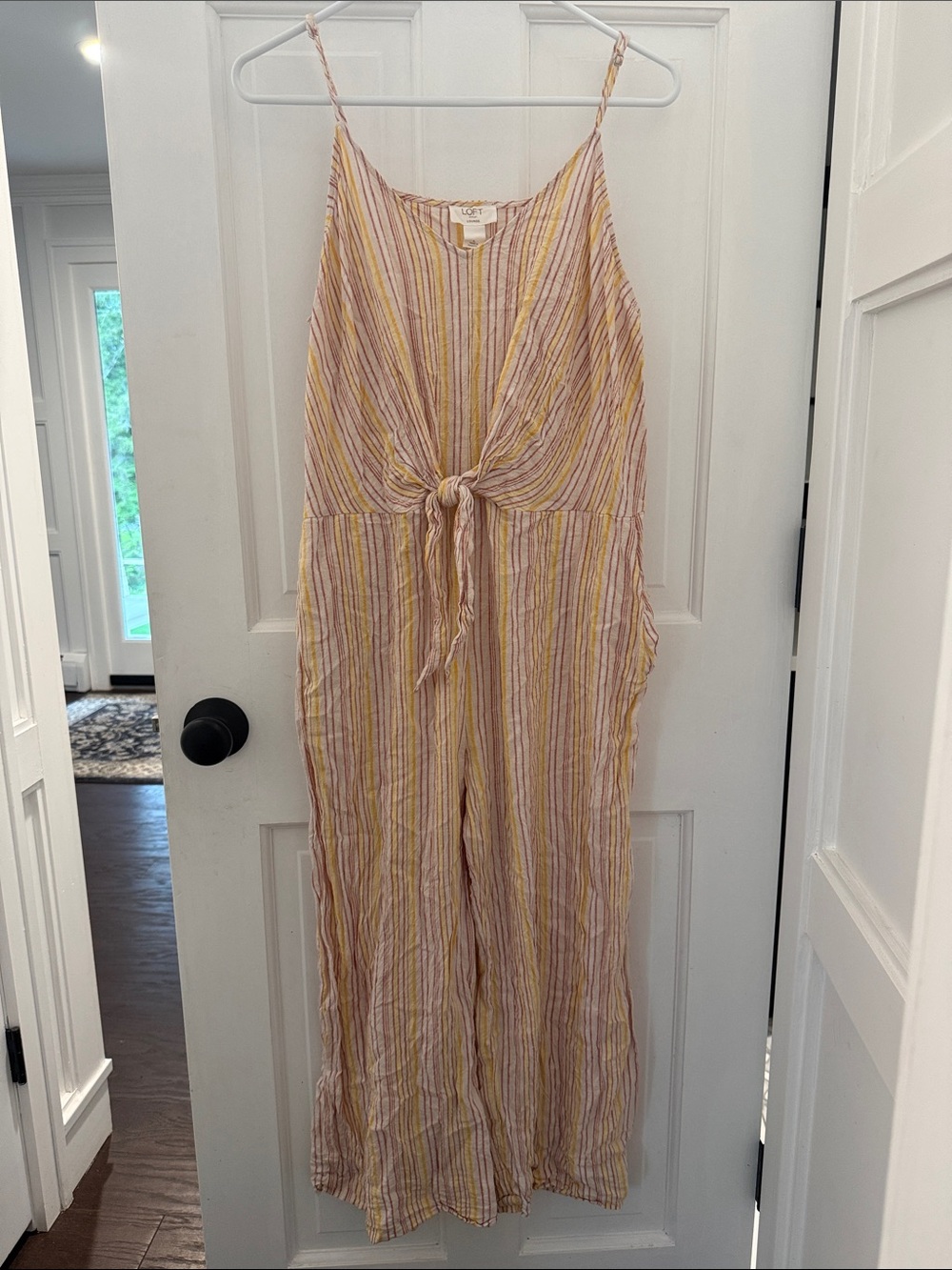 LOFT Pink and Yellow Striped Tie-Front Wide-Leg Jumpsuit